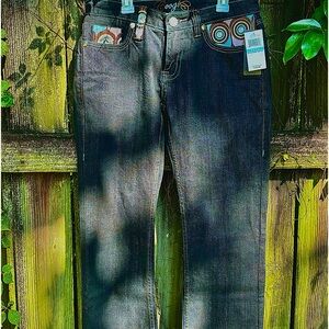 Dark Denim COOGI Jeans with Gorgeous Colored Embroidery.